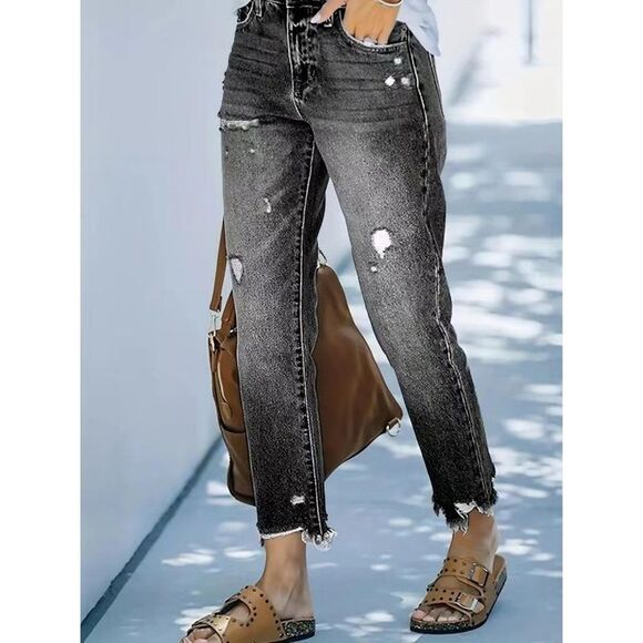 Everyday the Label Distressed Straight Leg Jeans Women Dark Gray - Picture 3 of 6